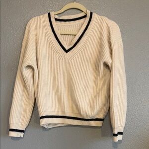 V-Neck Cream Sweater with Black Trim
